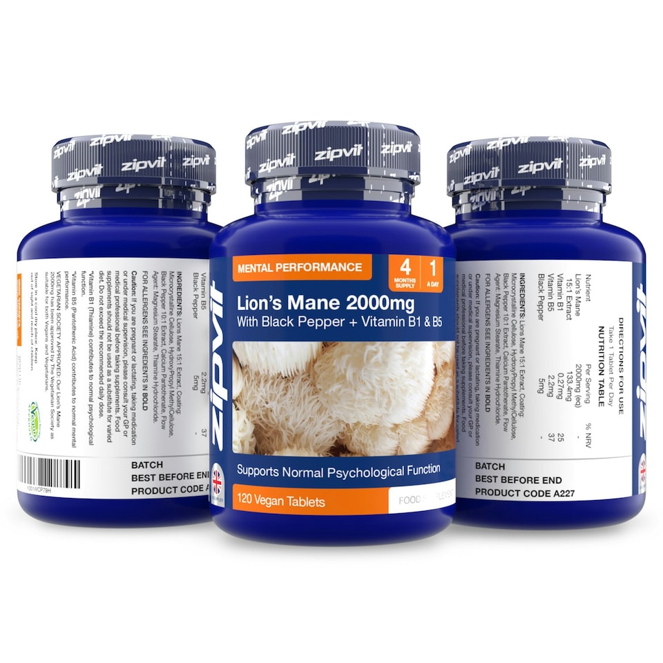 image 1 of Lion's Mane 2000mg with Vitamins B1, B5 & Black Pepper, 120 Vegan Tablets, 4-Month Supply, Supports Brain Function & Reduces Fatigue