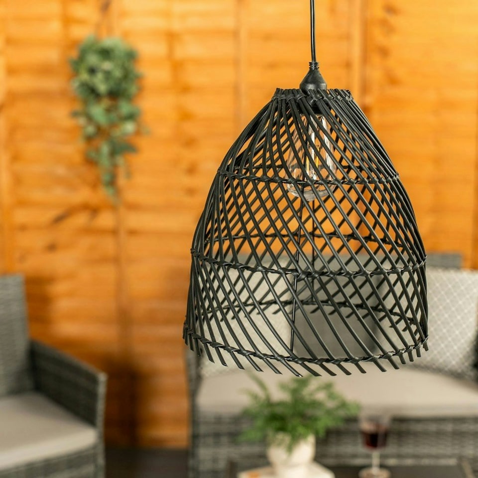 image 1 of ValueLights Battery Operated Outdoor Black Rattan Hanging Pendant Garden Pergola Light