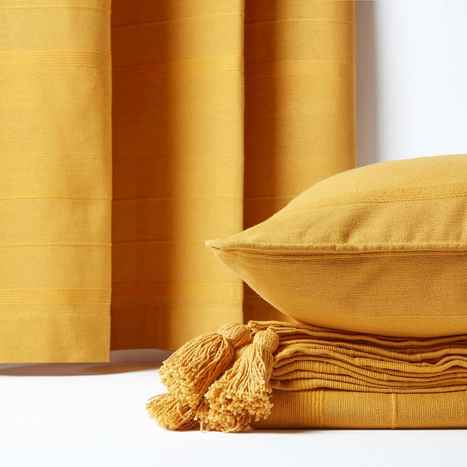 image 1 of Homescapes Cotton Rajput Ribbed Mustard Yellow Curtain Pair - 54 x 54" Yellow
