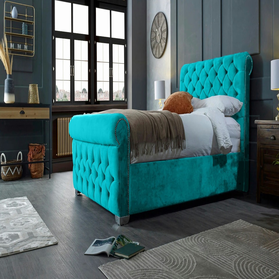image 1 of Veneta Plush Teal King Bed Frame - Teal