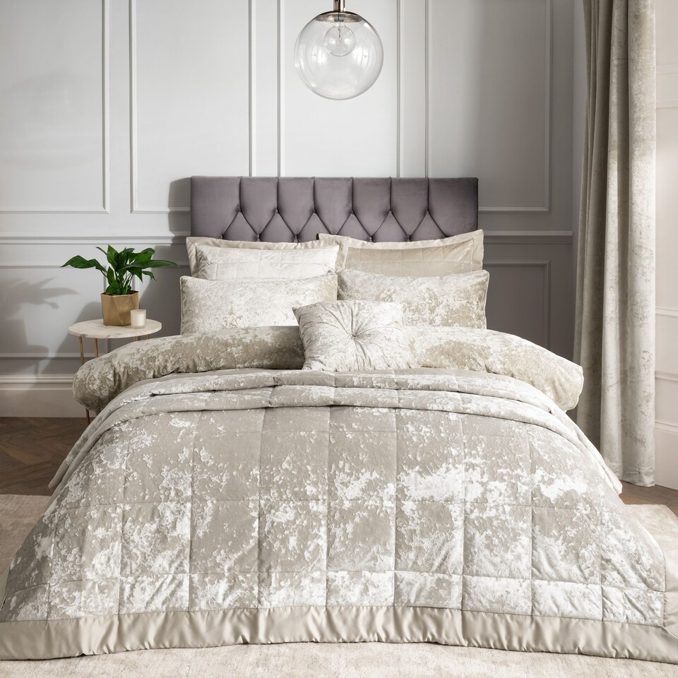 image 1 of Catherine Lansfield Crushed Velvet Quilted Bedspread | Cream | Natural | One Size