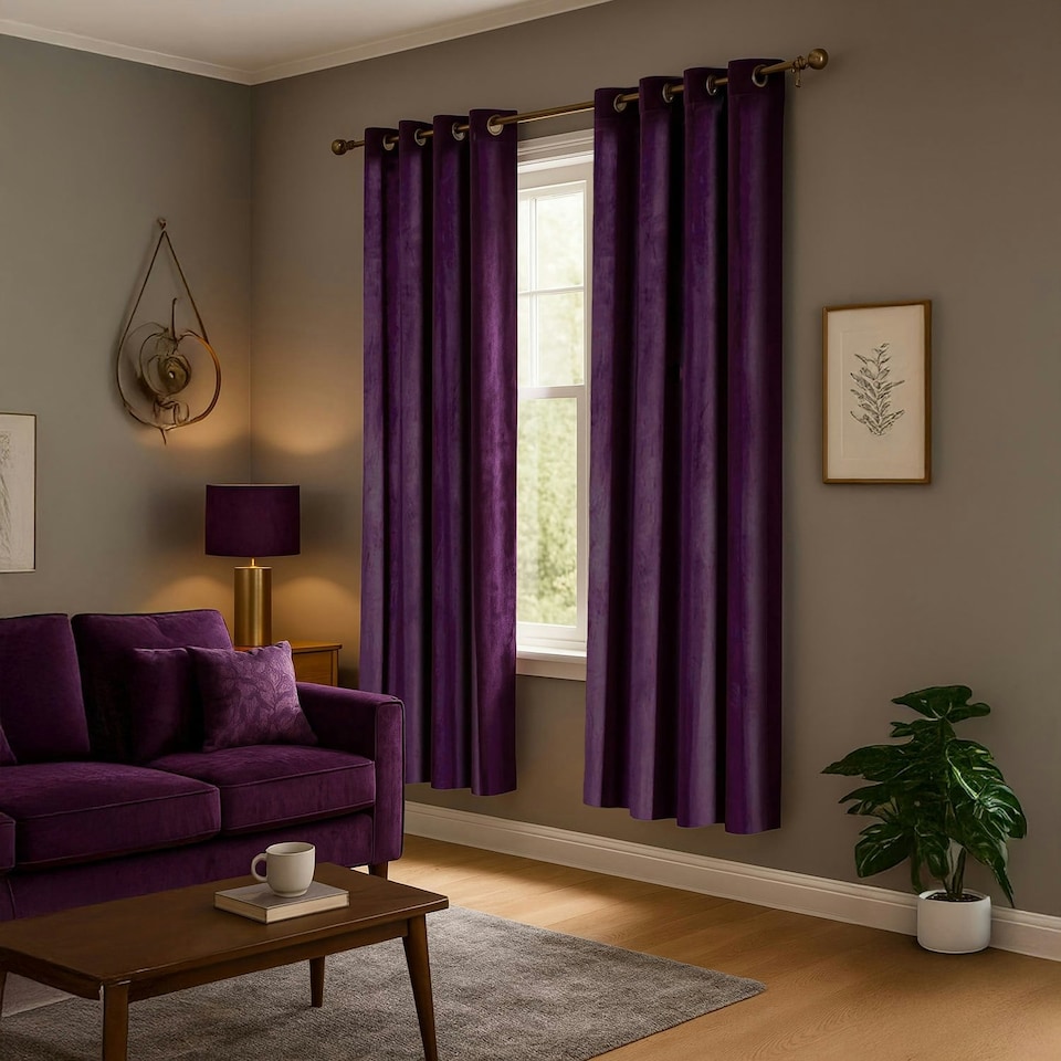 image 1 of Plum Purple Velvet Blackout Eyelet Curtains - 46x63 Inch Drop - Pair | Purple | One Size