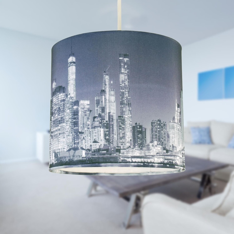image 1 of 20cm Lamp Shade Ceiling Light Digital Printed Fabric New York Skyline At Night | Blue | Medium | 1