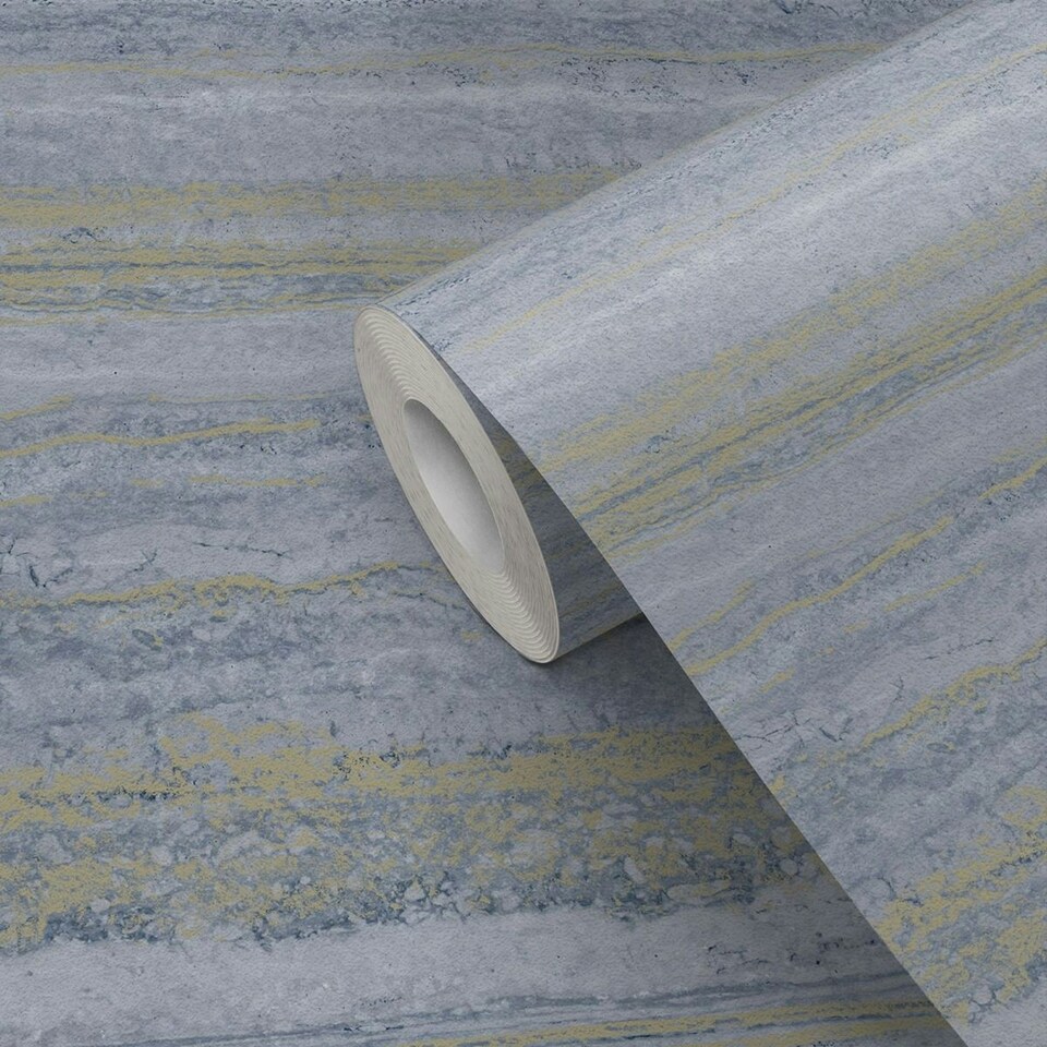 image 1 of World of Wallpaper Strata Marble Effect Wallpaper - Blue/Gold - 10.5m x 53cm Blue