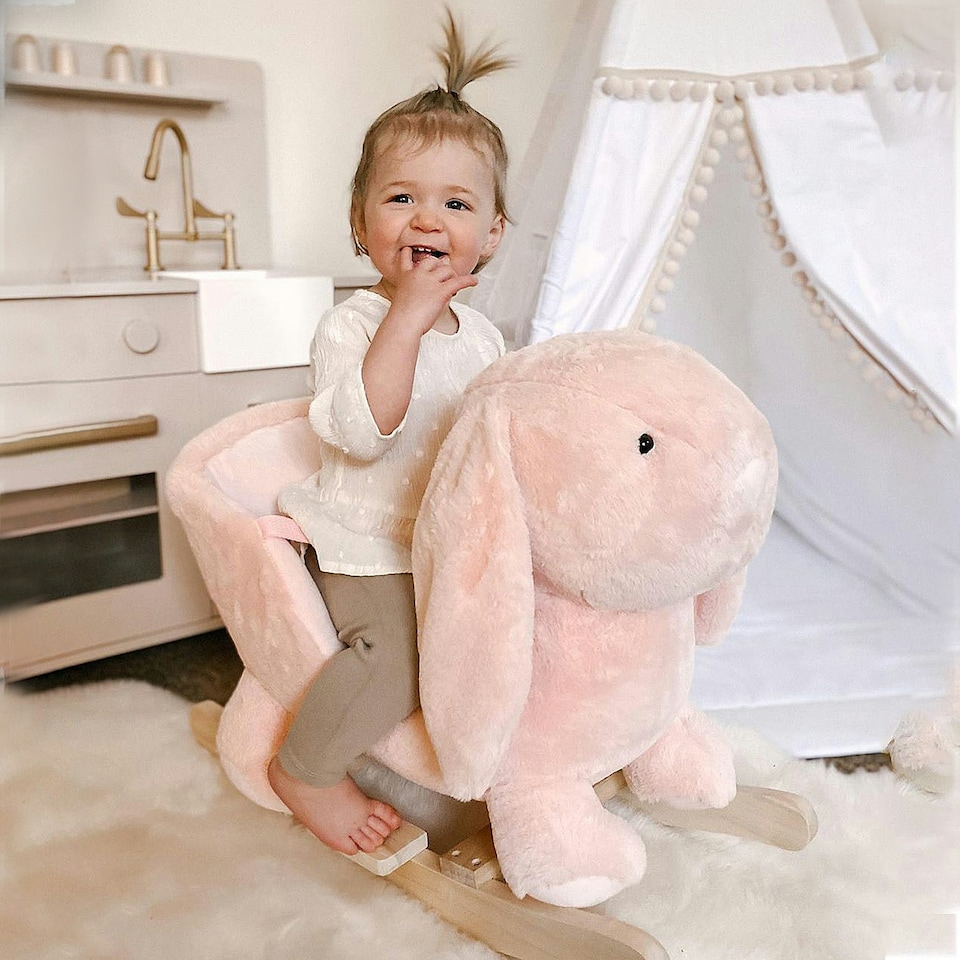 image 1 of HOMCOM Cute Kids Ride-On Rocking Rabbit w/ Sound Handlebars Seat Belt Plush Body