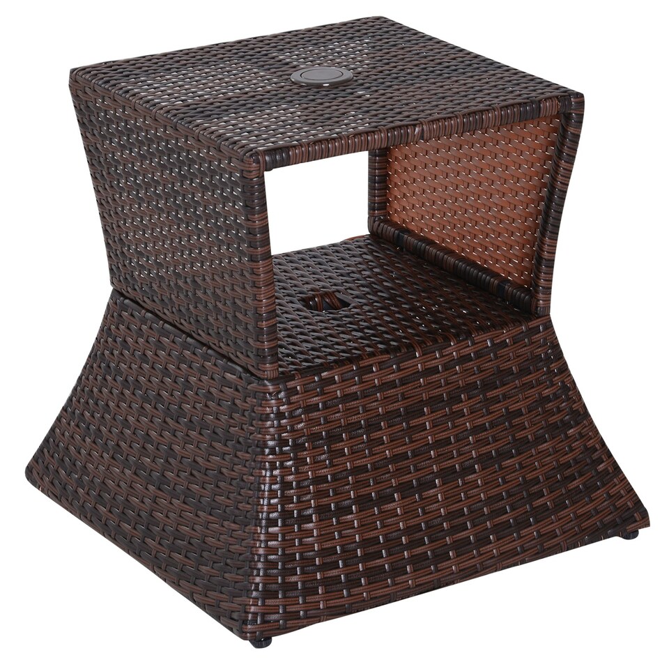 image 1 of Outsunny Rattan Wicker Tea Coffee Table w/ Umbrella Hole Storage Space Brown