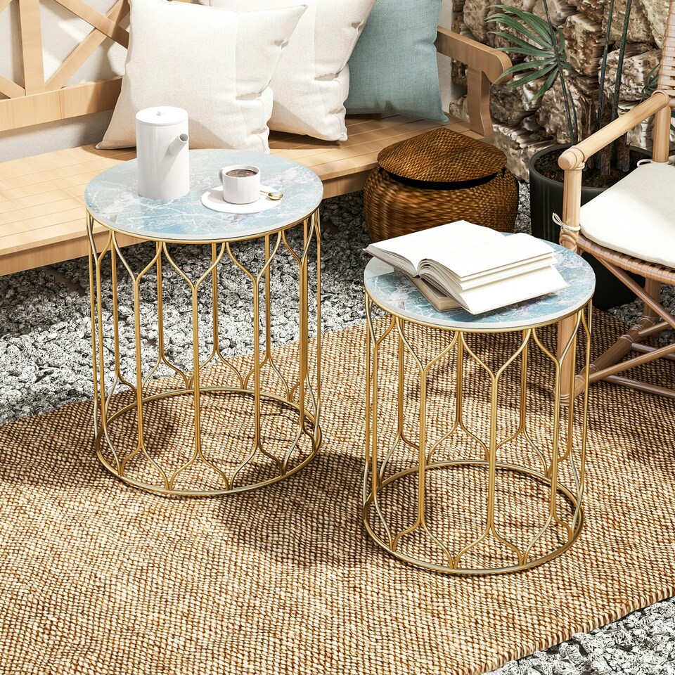 image 1 of Outsunny Nesting Tables Set of 2, Marble Effect Side Tables Multi | Multicoloured