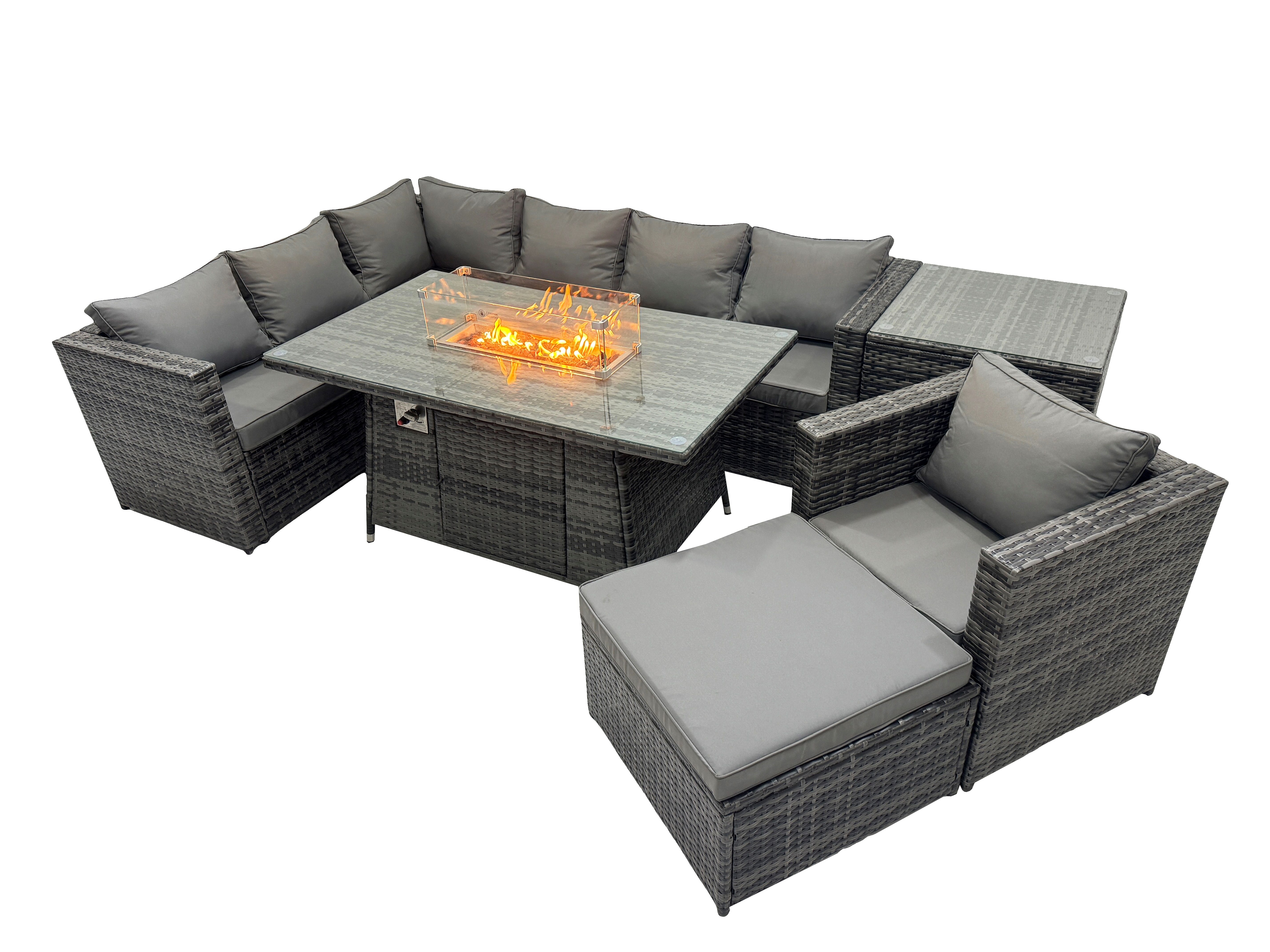 Fimous Rattan Garden Furniture Dining Set 8-seater Gas Firepit Dining Table Corner Sofa Set with Big Stool Side Table Dark Grey Mixed