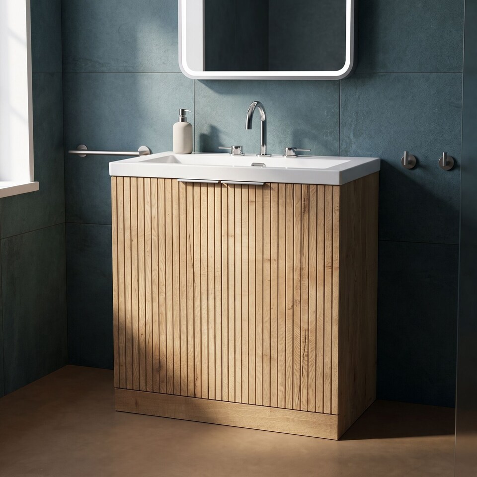 image 1 of Balterley Callingwood Contemporary Floor Standing 2 Door Vanity Unit with 3 Tap Hole Fireclay Basin , 800mm, Autumn Oak
