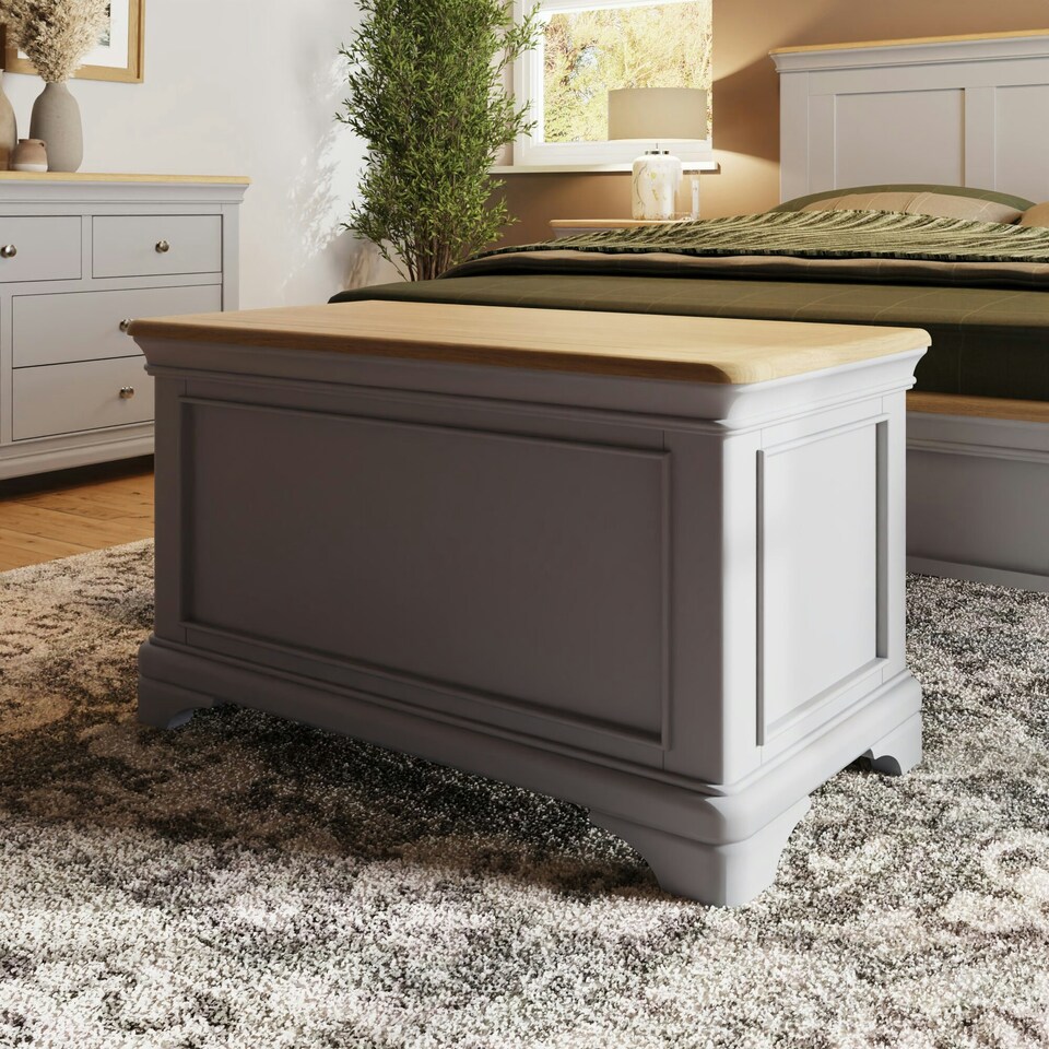 image 1 of Faire Ottoman Blanket Box in Dove Grey with Oak Top Grey