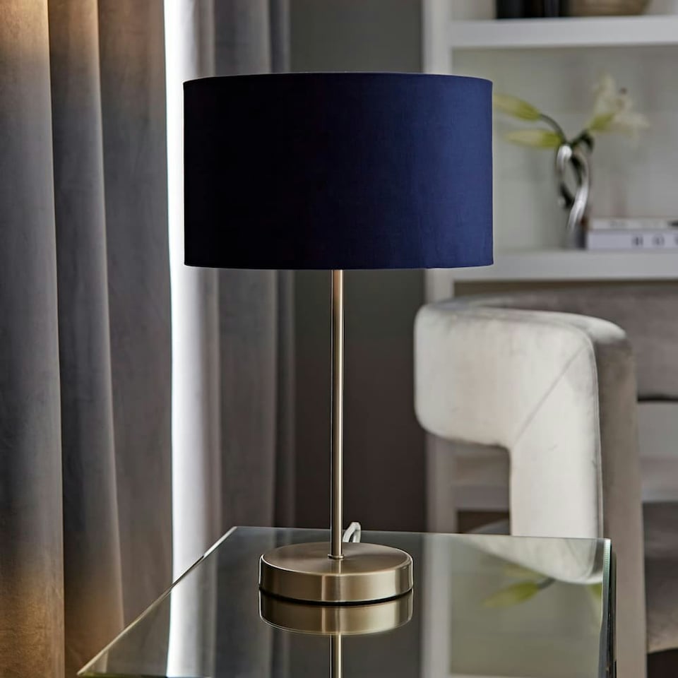 image 1 of ValueLights Charlie Brushed Chrome Table Lamp Navy Shade & Bulb Blue
