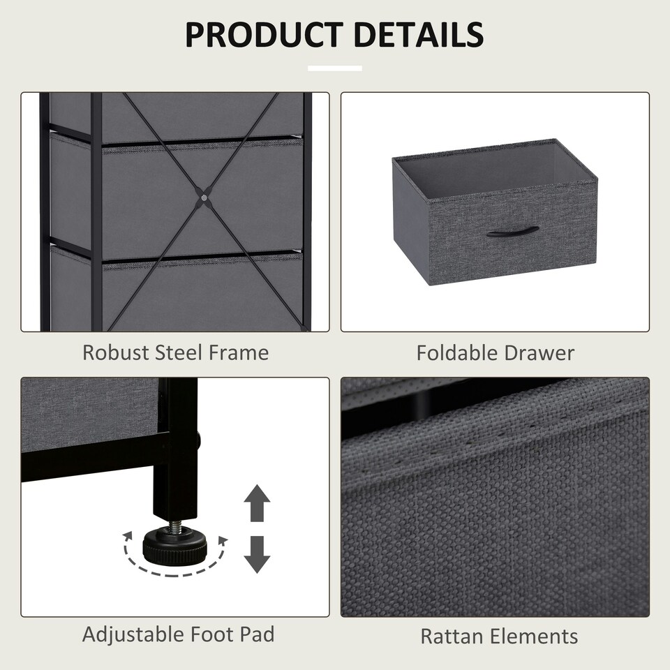 image 1 of HOMCOM 5 Drawer Fabric Chest of Drawers w/ Wooden Top, Dark Grey | Grey