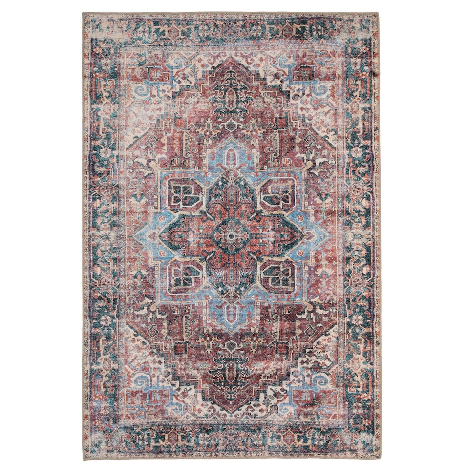 image 1 of KUKOON Red Teal Floral Medallion Non Slip Washable Low Pile Rug 120cm x 170cm Multi