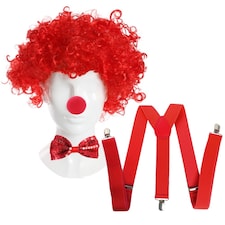 Red Nose, Curly Wig & Sequin Bow Tie Red | One Size