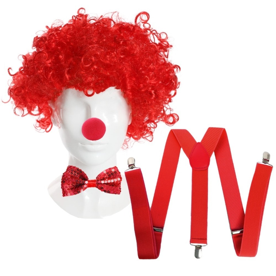 image 1 of Red Nose, Curly Wig & Sequin Bow Tie Red | One Size