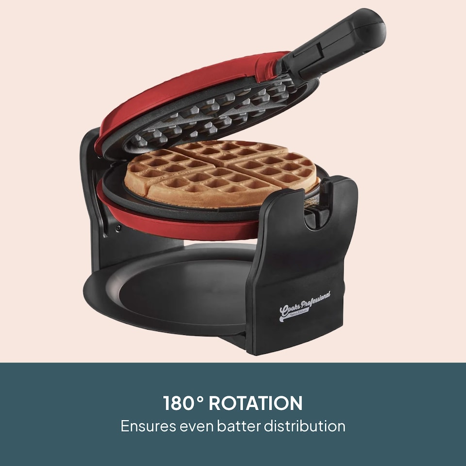 image 1 of Cooks Professional Rotary Belgian Waffle Maker Machine with Non-Stick Plates & Drip Tray | Red