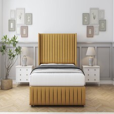 Sloomy Marlborough Mustard Plush Divan Bed With Mattress No Drawers With 54" Wingback Headboard & 12" Matching Footboard 4'6 Double | Gold | Mustard | Double | 1