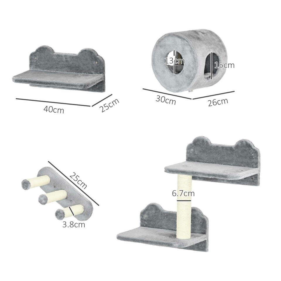 image 1 of PawHut 4PCs Wall Mounted Cat Furniture Set with Steps Scratching Post, Grey