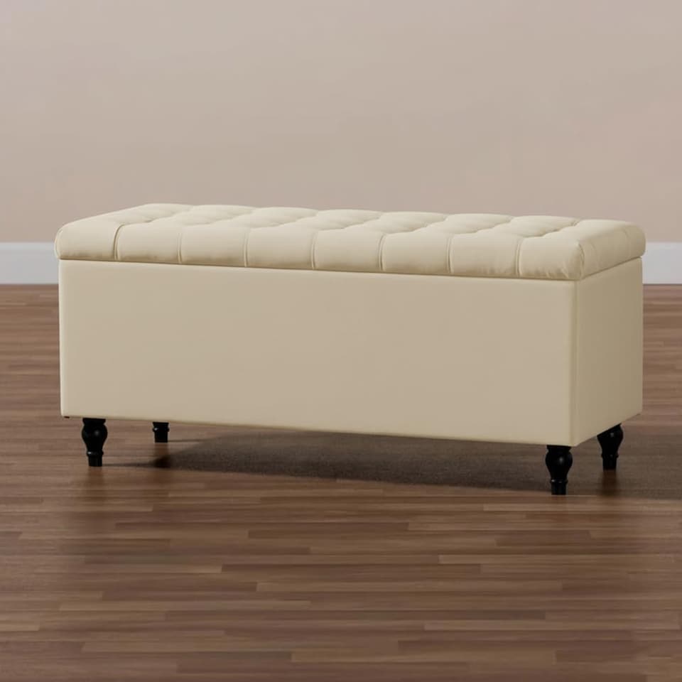 image 1 of 137cm Cubed Ottoman Storage Box,Cream Velvet Upholstered Chesterfield Storage Ottoman Box with Wooden Legs
