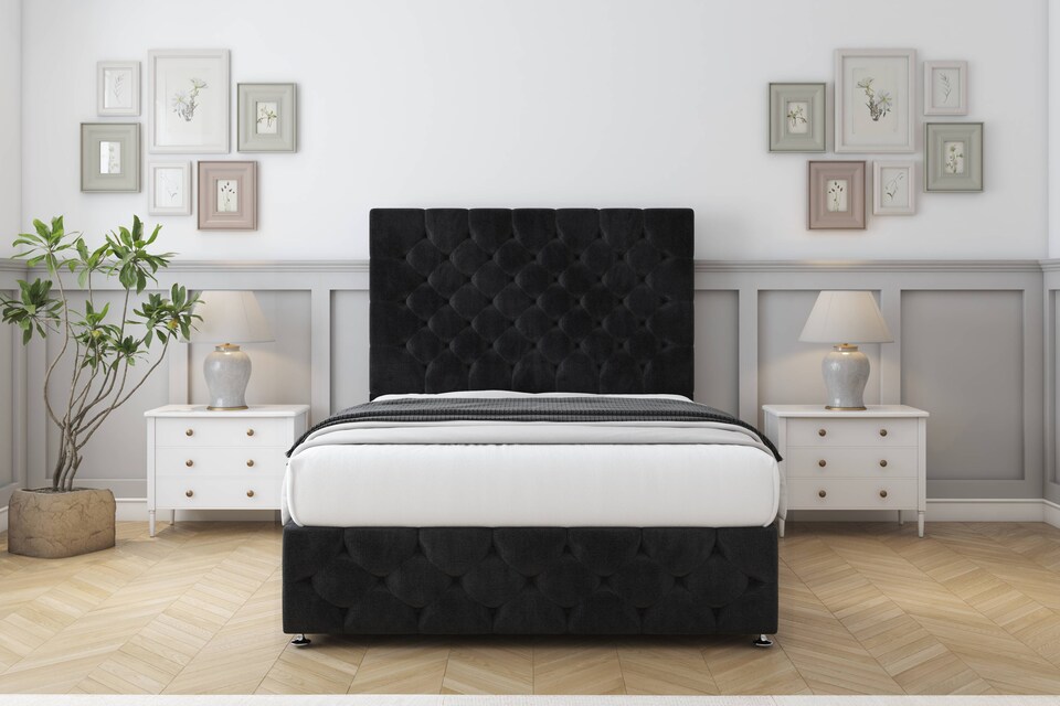 image 1 of Sloomy Watson Black Naples Divan Bed Base 4 Drawers With 26 Inch Strutted Headboard & 12 Inch Matching Footboard | Black | Black | Super King | 1