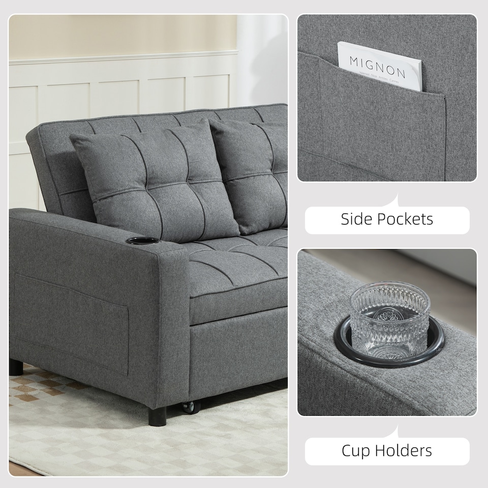 image 1 of HOMCOM 2 Seater Sofa Bed, Linen Click Clack Sleeper Sofa with Pull Out Design, 2 Pillows, Cup Holders, Side Pockets, Convertible Loveseat Bed Settee for Living Room, 157x190cm, Charcoal Grey | Grey