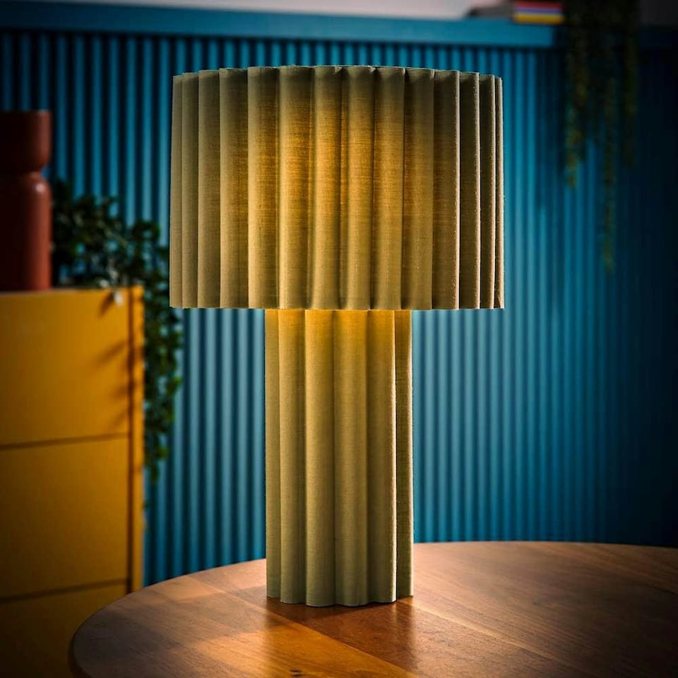 image 1 of ValueLights Lenny Moss Green Drum Lamp Shade Colour Drench Ribbed Full Fabric Table Lamp | Green
