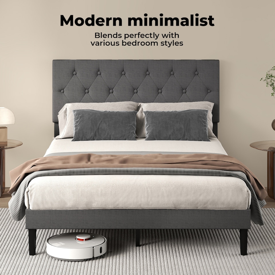 image 1 of Levede Bed Frame Upholstered Small Double Linen Fabric Soft Foam Headboard Wood | Grey | Grey