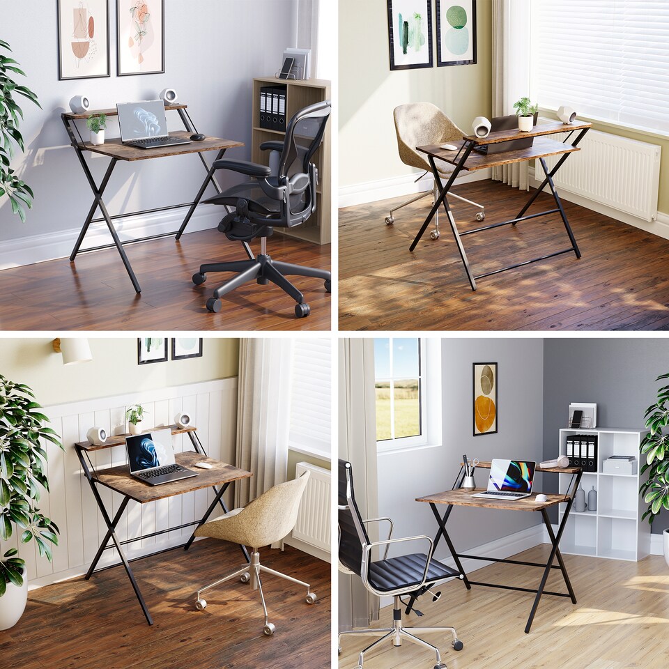 image 1 of Vida Designs Brooklyn Foldable Computer Desk Home Office Workstation, Dark Wood