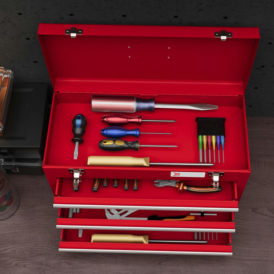 image 1 of DURHAND Lockable 3 Drawer Tool Chest with Ball Bearing Slide Drawers Red | Red | 51L x 22W x 32H cm | 1