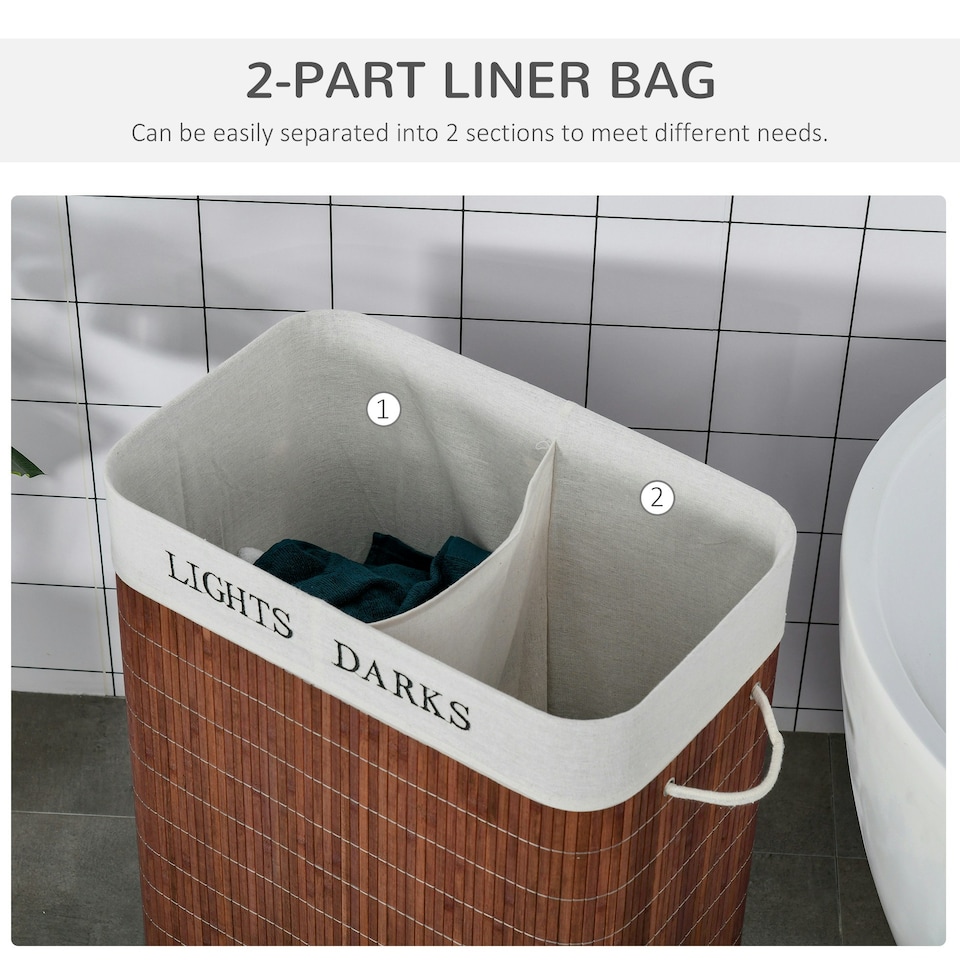 image 1 of HOMCOM 2 Section Collapsible Laundry Hamper Lid Removable Lining, Brown
