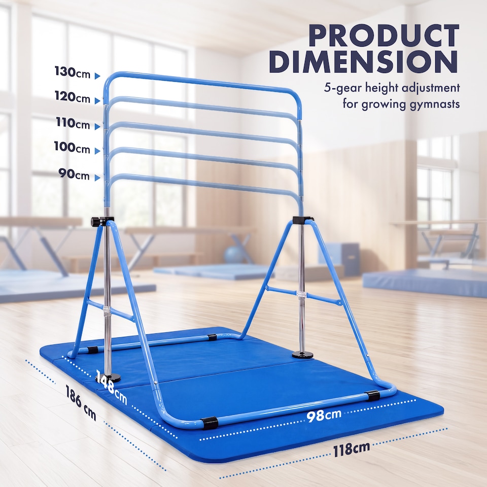 image 1 of Kayman Gymnastics Bar and Floor Mat Set for Kids with Training Rings