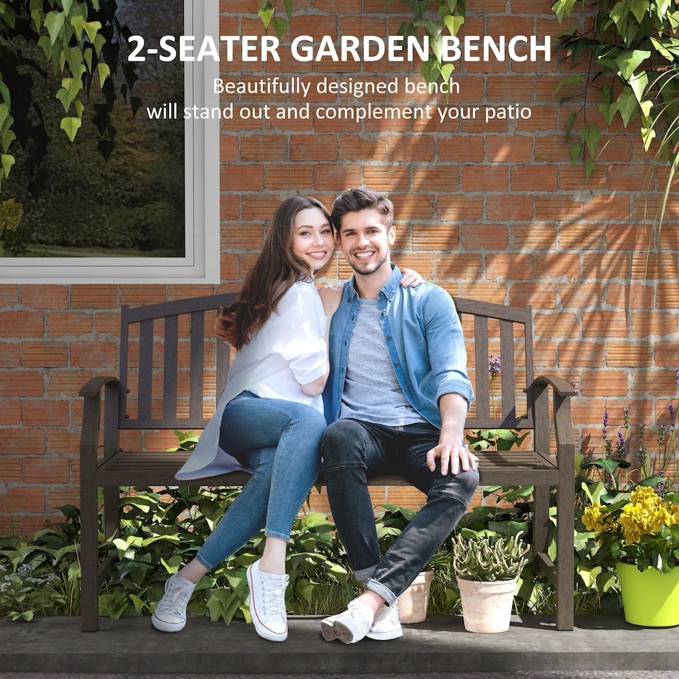 image 1 of Outsunny Garden Bench, Outdoor Metal Bench with Slatted Seat and Backrest, Curved Armrest, for Conservatory, Garden, Poolside, Deck, Brown