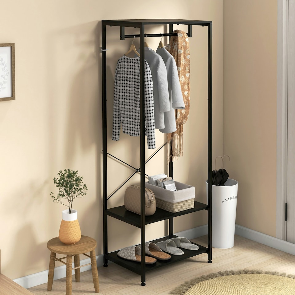 image 1 of HOMCOM Coat Rack, 2-in-1 Clothes Stand with Shoe Storage, Black