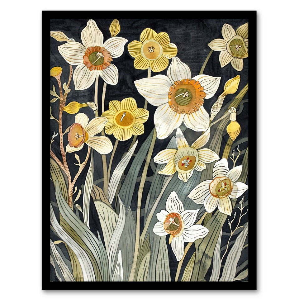 image 1 of Dark Daffodils Bloom Spring Floral Living Room Black Framed Wall Art Print A4