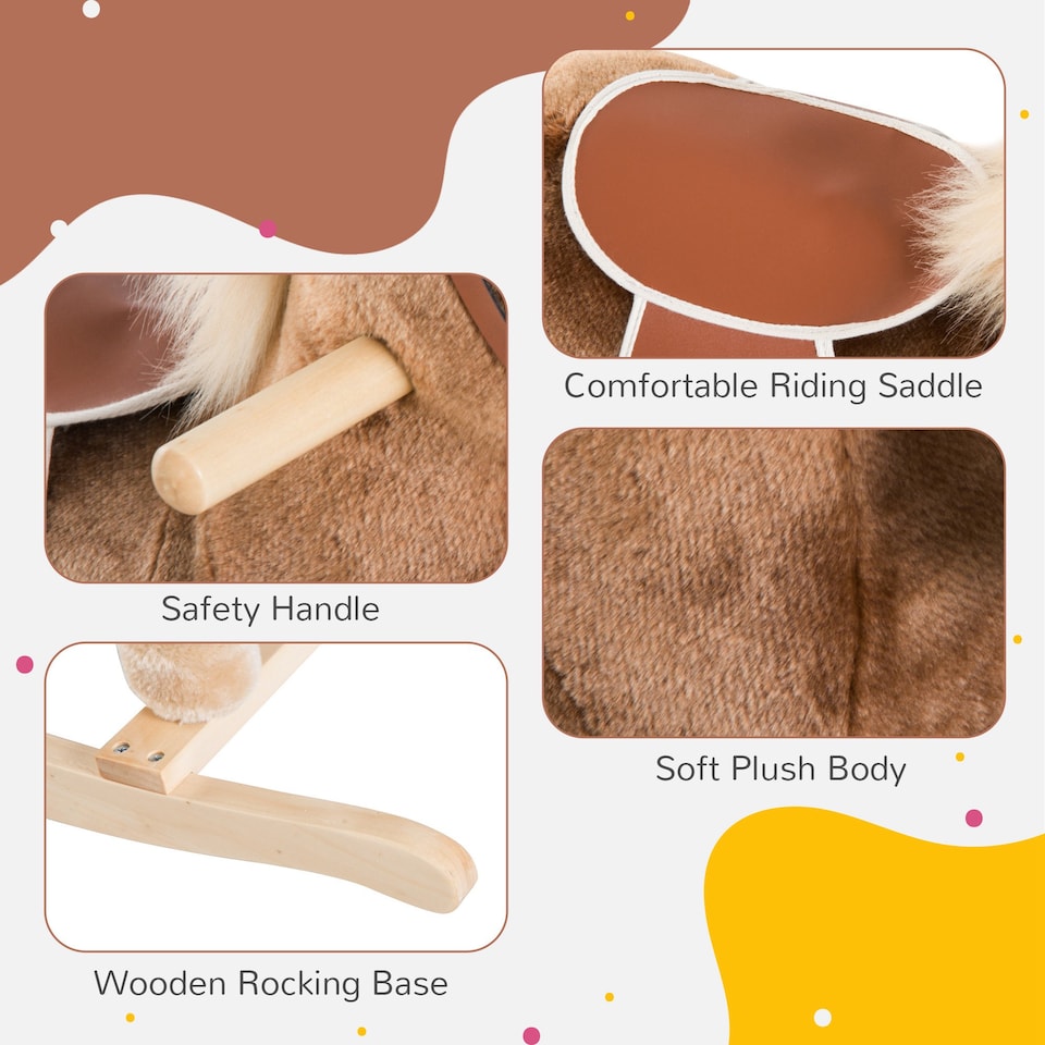 image 1 of HOMCOM Kids Children Plush Rocking Horse Wooden Base Ride On Toy Rocker with Handle Grip Traditional Toy Fun Gift for Age 3 Plus (Brown)