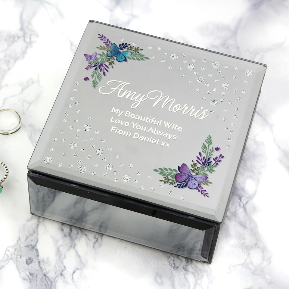 image 1 of Personalised Butterfly Diamante Glass Trinket Box