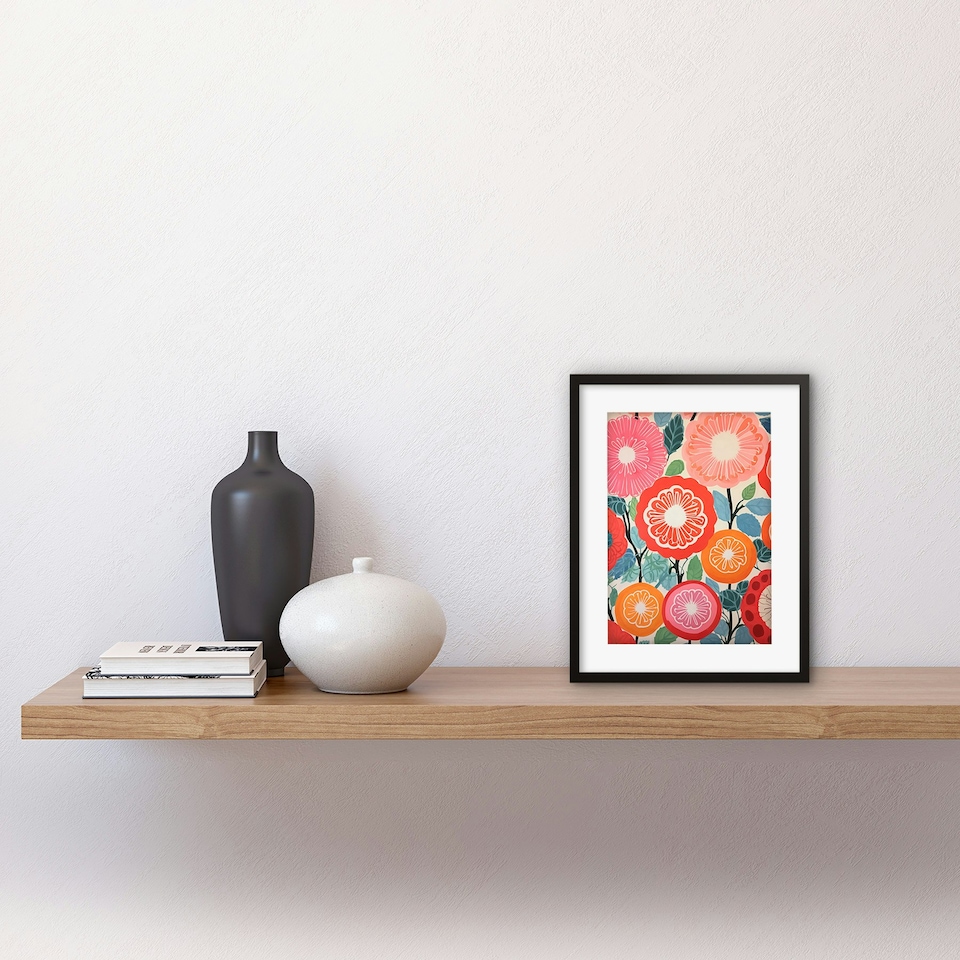 image 1 of Bright Floral Pomegranate Tree Flower Blooms 9x7" Black Framed Wall Art Print