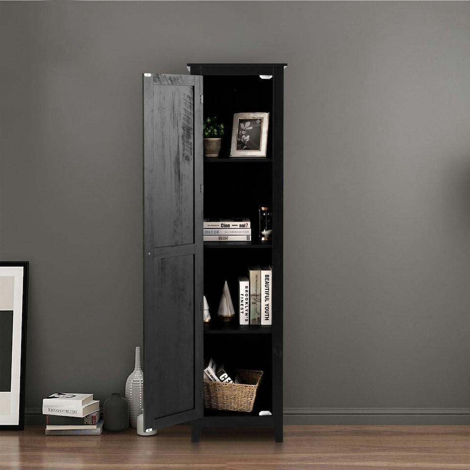 image 1 of COSTWAY Wood Tall Storage Cabinet 4 Tires Display Organizer Black