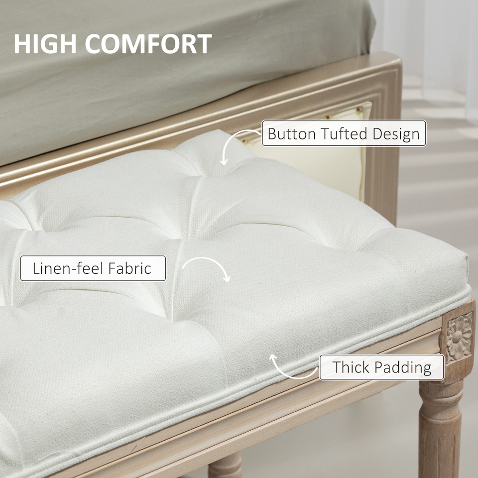 image 1 of HOMCOM Bedroom End of Bed Bench, 117cm French Vintage Bench with Thick Padding and Wood Legs, Button Tufted Bench for Entryway Living Room Bedroom Decor, Cream White