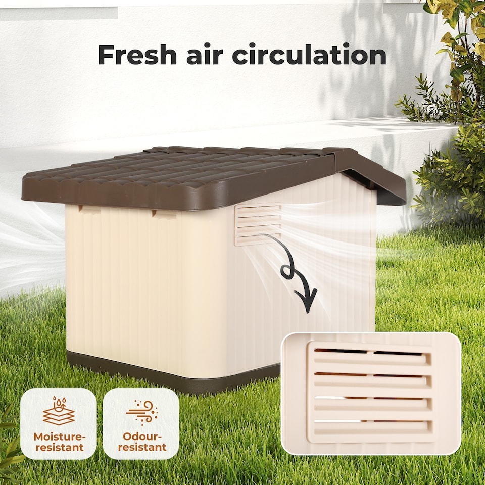 image 1 of Skylos Plastic Dog House Pet Kennel Shelter for Small Medium Dogs Indoor Outdoor | Brown | S