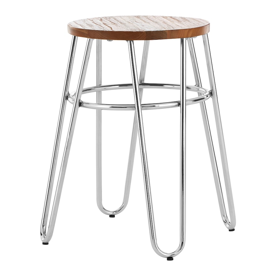 image 1 of Interiors by Premier Chrome Metal and Elm Wood Round Stool, Small Hairpin Stool, Sturdy Stool for Lounge, Bedroom