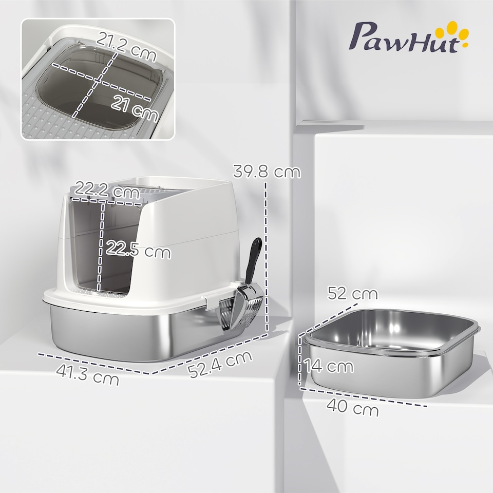 image 1 of PawHut Stainless Steel Litter Box, Enclosed Metal Cat Litter Tray with Scoop | White | One Size