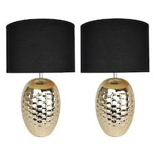 First Choice Lighting Set of 2 Textured Ceramic Bedside Table Pale Gold Plated Finish and Black Textured Cotton Fabric Shade Gold | Black