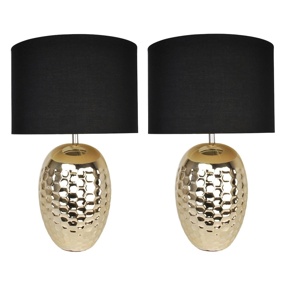 image 1 of First Choice Lighting Set of 2 Textured Ceramic Bedside Table Pale Gold Plated Finish and Black Textured Cotton Fabric Shade Gold | Black