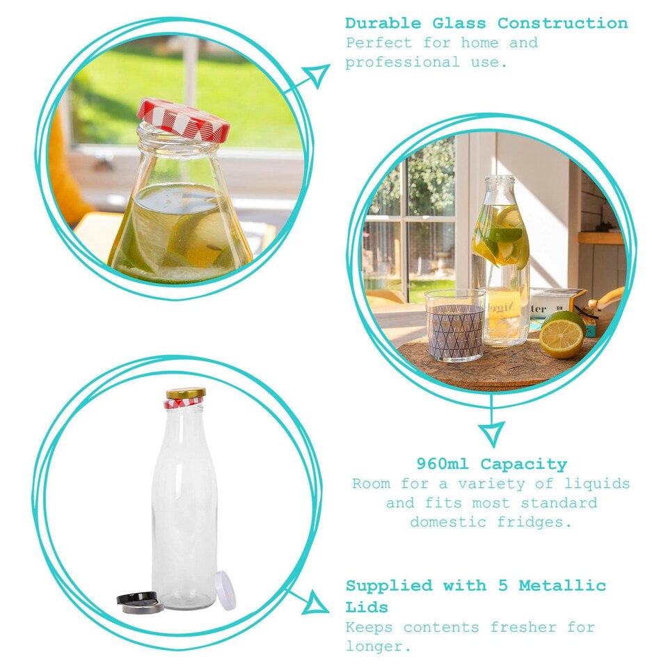 image 1 of Argon Tableware Glass Water Bottles with Metal Lids - 960ml - Pack of 6 Clear | One Size