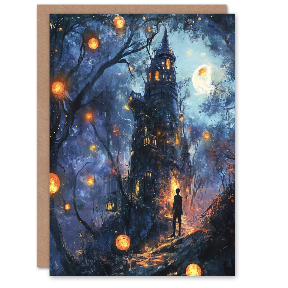image 1 of Man By Witch House Dark Forest Fantasy Art Birthday Greeting Card