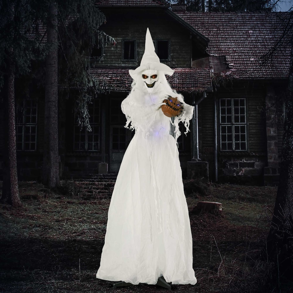 image 1 of Outsunny 74 Inch Halloween Decorations White Witch Holding Pumpkin Head, Standing Skeleton Ghost Prop Life Size with Light Up Eyes and Body
