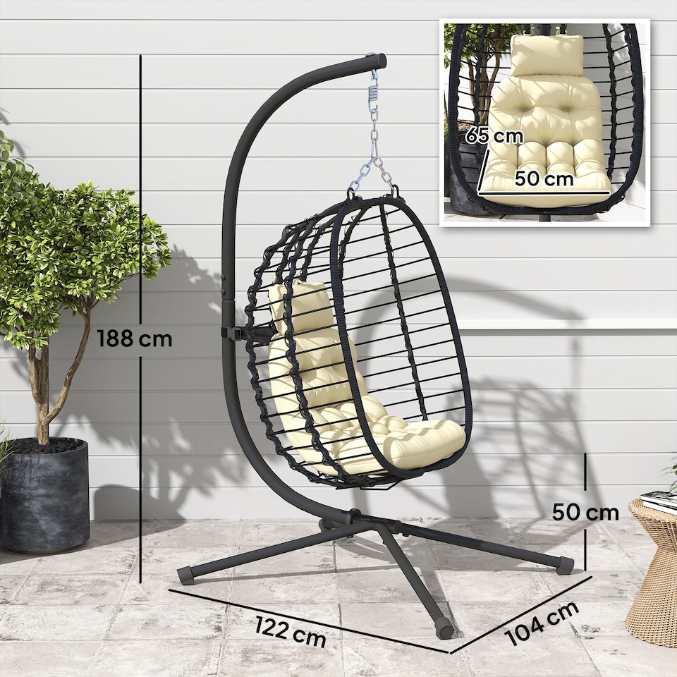image 1 of Outsunny Rattan Hanging Egg Chair, Foldable Wicker Hammock Swing Chair with Cushion, Stand, Adjustable Height, Head Pillow, Steel Frame for Garden Patio Indoor Outdoor, Cream White | Cream | Cream