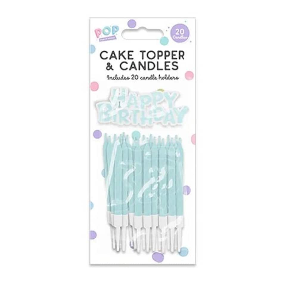 Pastel Green Happy Birthday Cake Topper and Candles with Holders | Green