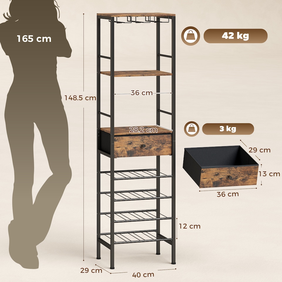 image 1 of HOMCOM Industrial Wine Bar Cabinet 16-Bottle Wine Rack, Drawer Rustic Brown